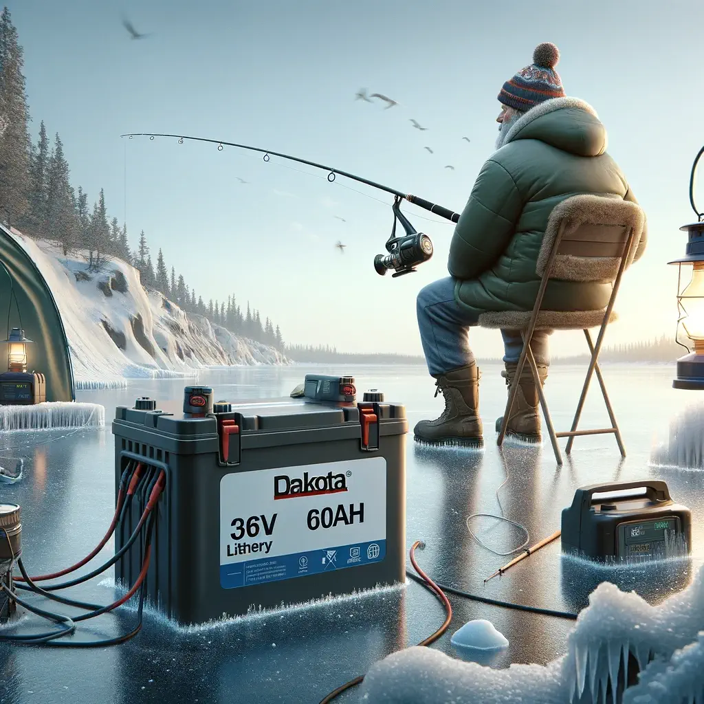 Ice fisherman using Dakota Lithium battery with LiFePO4 chemistry, performing in extreme cold