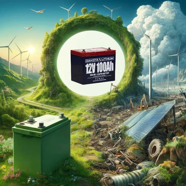 Eco-friendly Dakota Lithium battery and a discarded lead-acid battery contrast in a natural versus polluted environment, symbolizing sustainable energy solutions.