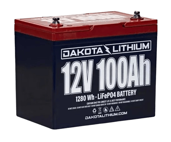 Dakota Lithium 12V 100Ah battery connected to a trolling motor on a fishing boat.