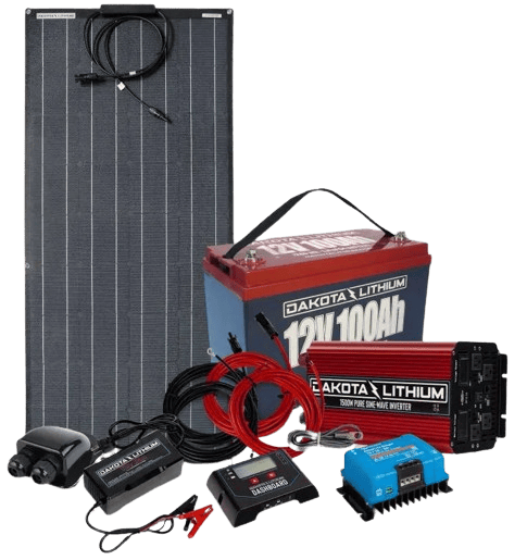 Dakota Lithium 12V 100Ah battery paired with a solar panel for off-grid power systems
