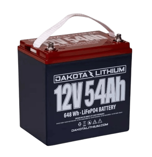 Dakota Lithium 12V 54Ah battery powering a fish finder on a boat.