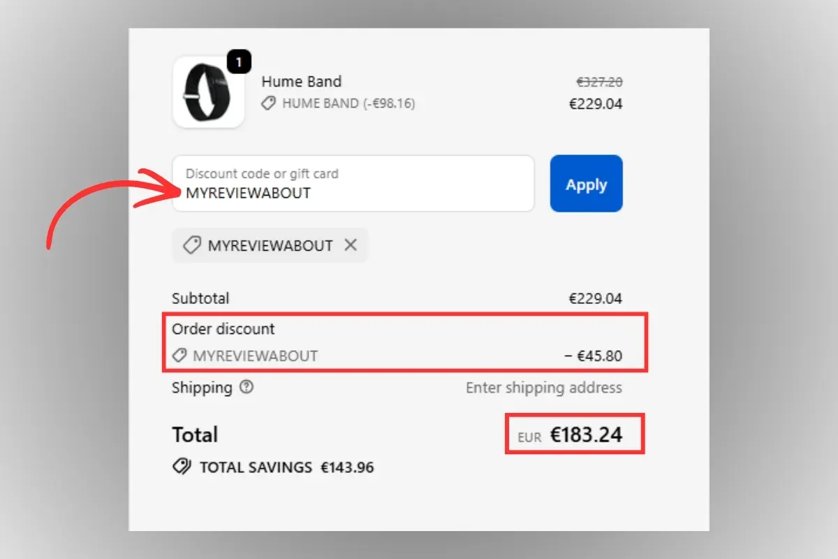 Screenshot van het Hume Band winkelmandje met toegepaste kortingscode MYREVIEWABOUT en bijgewerkt totaalbedrag