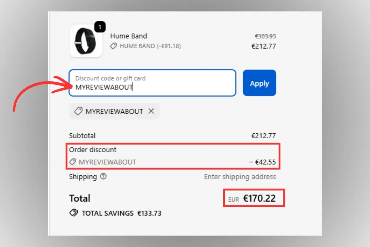 Captura de ecrã do carrinho de compra da Hume Band com o código de desconto MYREVIEWABOUT aplicado e total atualizado com poupança visível