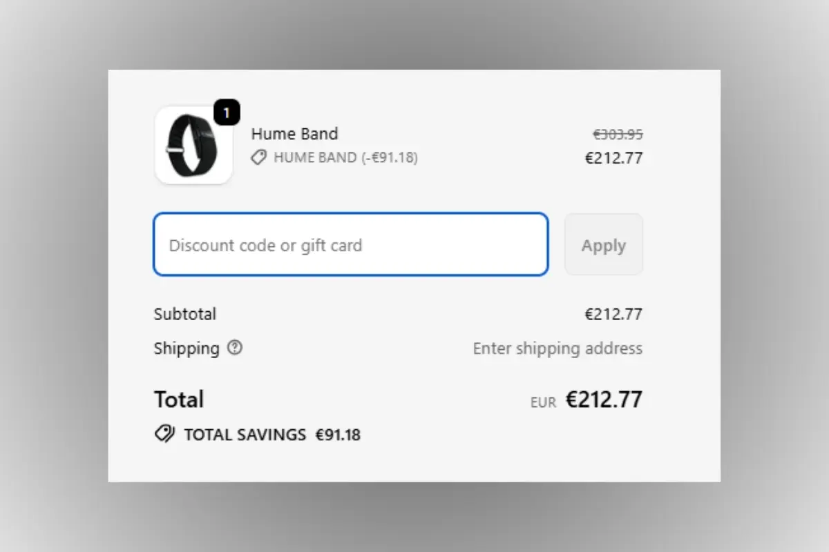 Captura de ecrã do carrinho de compras da Hume Band mostrando o preço sem promoção e onde aplicar o código de desconto