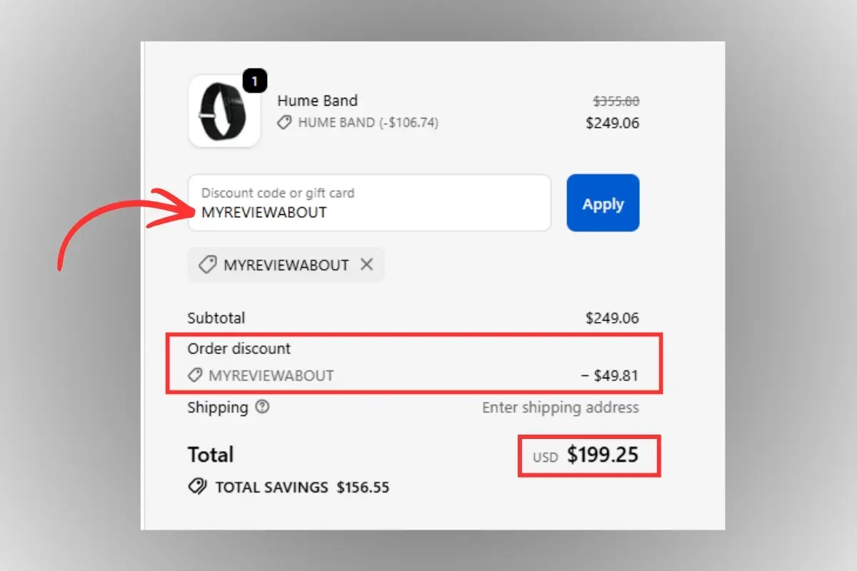 Screenshot of the Hume Band shopping cart showing the regular price and where to apply the discount code