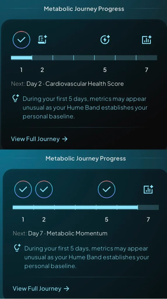 Hume Band App mit Daten zur metabolischen Kapazität und Körperzusammensetzung