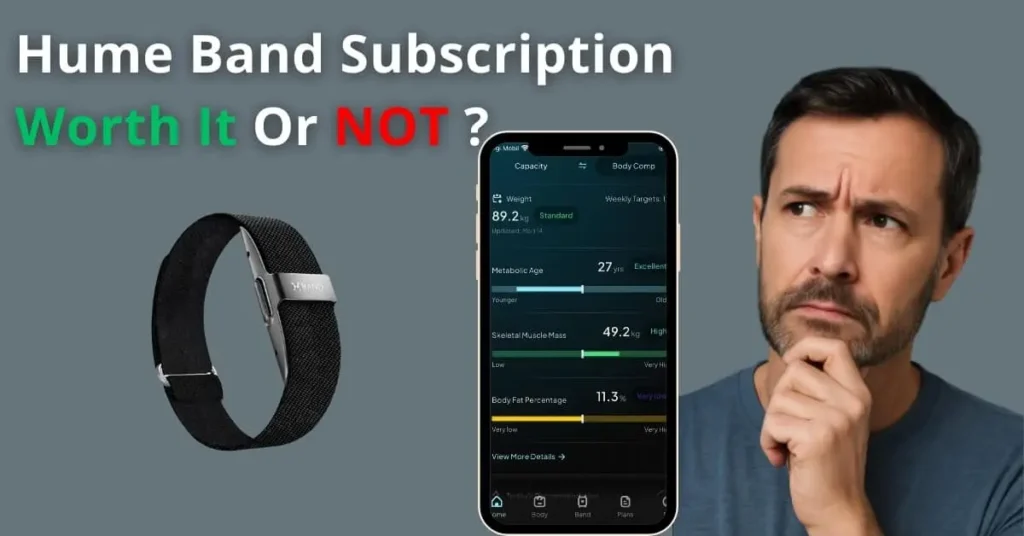 a person looking at a phone with the hume health app asking himself the question: Hume Band Subscription Worth it or not?