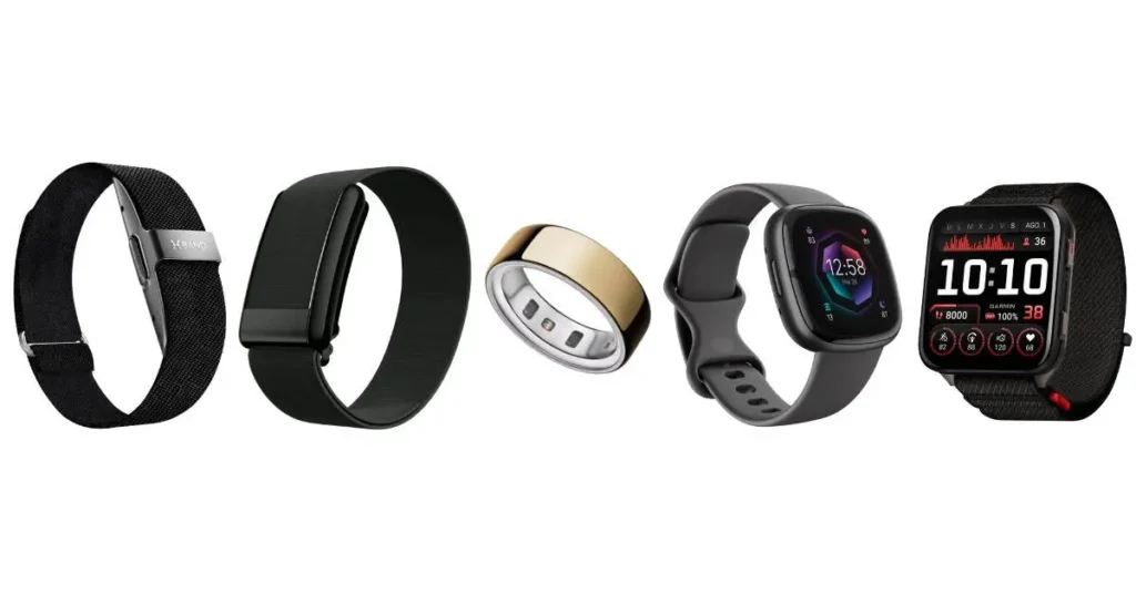 Vergleich zwischen Hume Band, Whoop, Oura Ring, Apple Watch und Garmin auf weißem Hintergrund