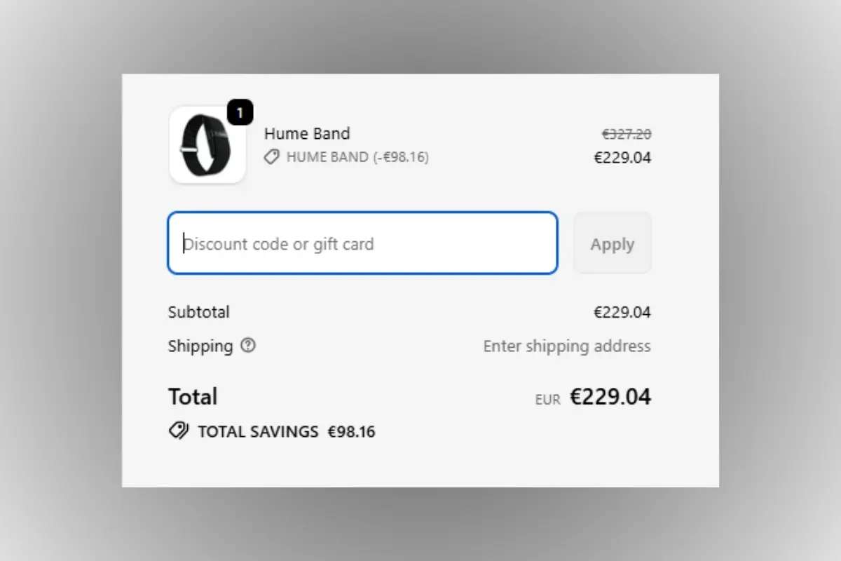 Screenshot van het Hume Band winkelwagentje met de normale prijs en het veld om de kortingscode in te voeren