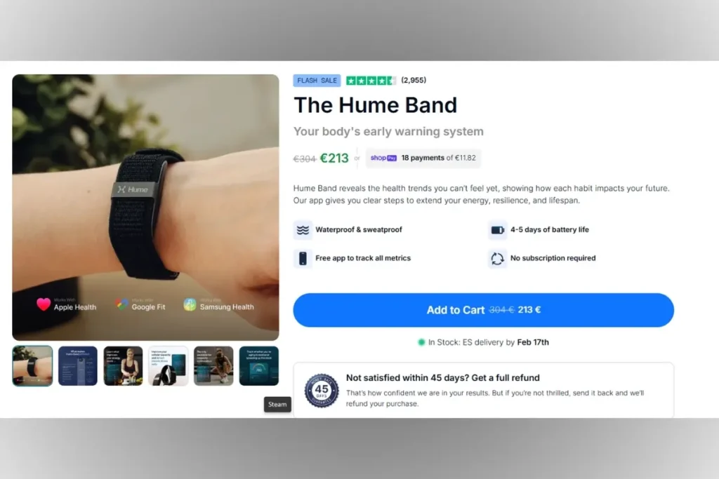 Página oficial do Hume Band mostrando o preço original de 304 €, o preço com desconto de 213 € e o botão Adicionar ao carrinho