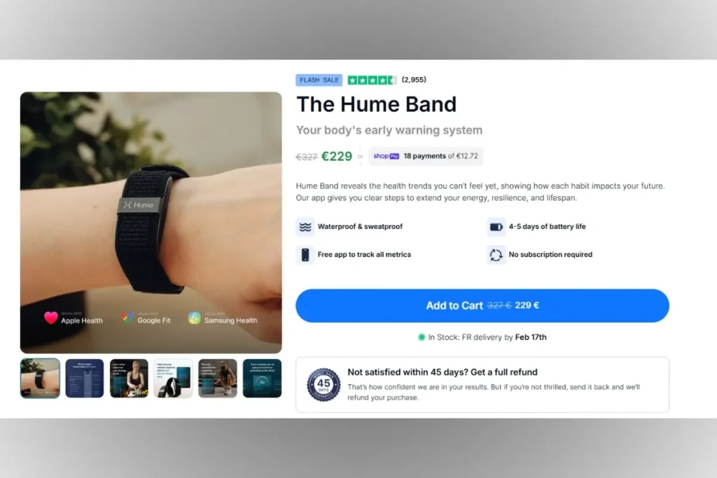 Officiële Hume Band productpagina met de oorspronkelijke prijs van 327 €, de verlaagde prijs van 229 € en de knop Toevoegen aan winkelwagen