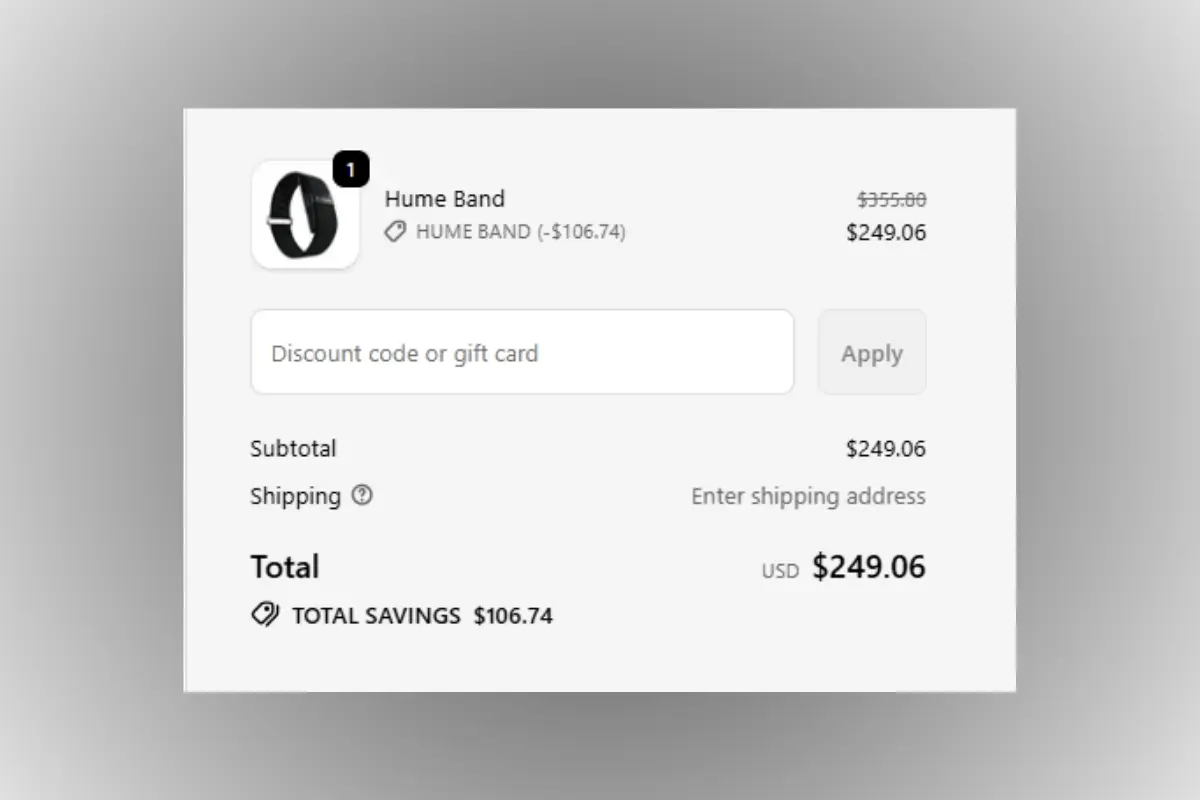Screenshot of the Hume Band shopping cart showing the regular price and where to apply the discount code