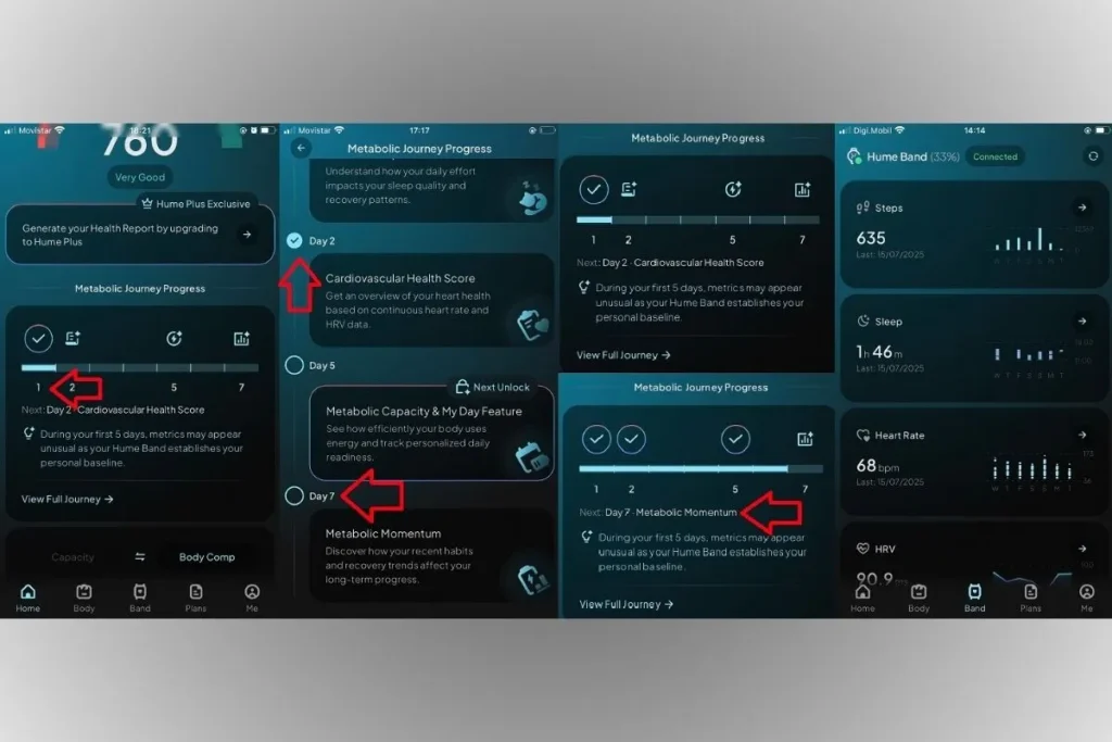 screenshots of the Hume App showing the unboarding process during the first 7 days of use