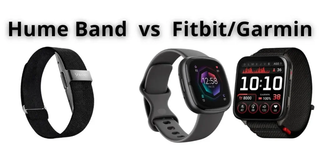 Visueller Vergleich zwischen dem Hume Band, Fitbit und Garmin