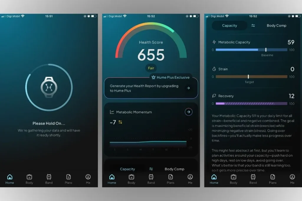 Screenshot of the Hume Health App displaying the Health Score, Metabolic Capacity, Strain and Recovery Score