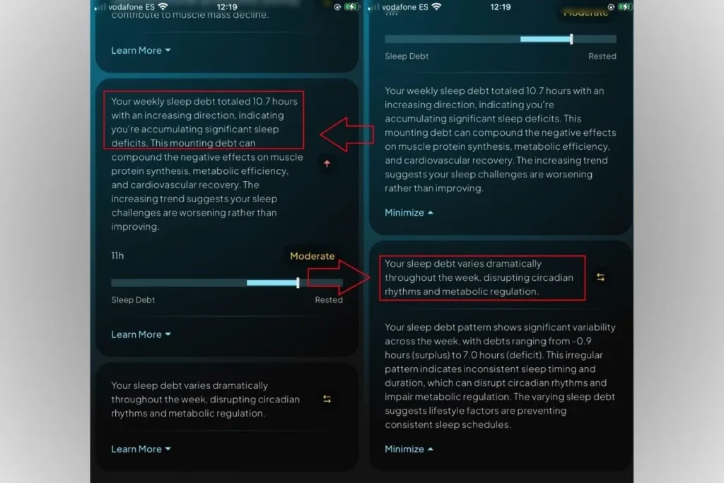 Screenshots of the hume plus app showing information concerning the sleep quality, sleep debt pattern and explaining those variables