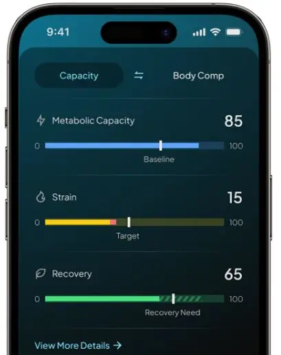 Hume Band App mit Anzeige der metabolischen Kapazität, Belastung und des Erholungswerts