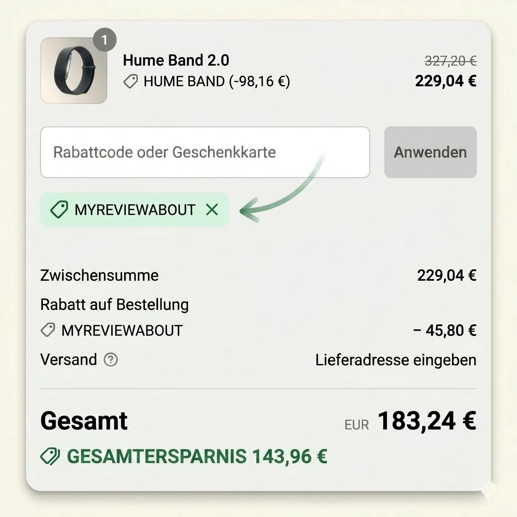 Hume-Health-Checkout des Hume Band 2.0 mit angewendetem MYREVIEWABOUT-Code, Gesamtsumme sinkt von 327 € auf 183 €, 144 € gespart