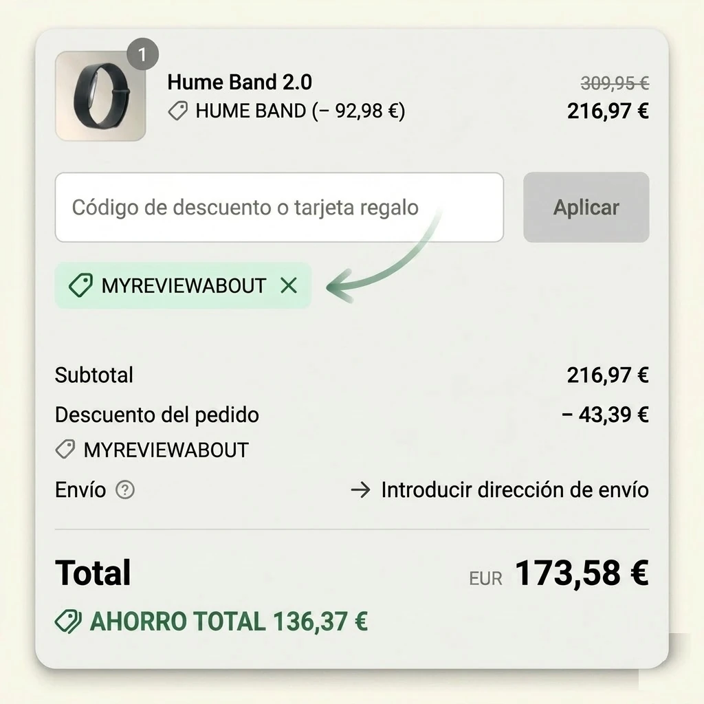 Pago en Hume Health para el Hume Band 2.0 con el código MYREVIEWABOUT aplicado: el total baja de 310 € a 173 €, con un ahorro de 137 € sobre el precio de venta