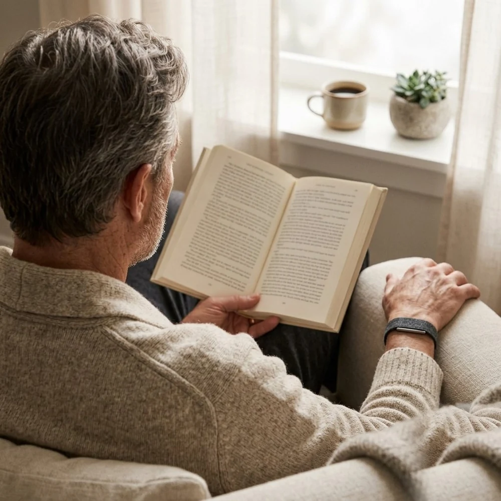 A mature adult in a quiet contemplative moment wearing the Hume Band 2.0, monitoring chronic health risk