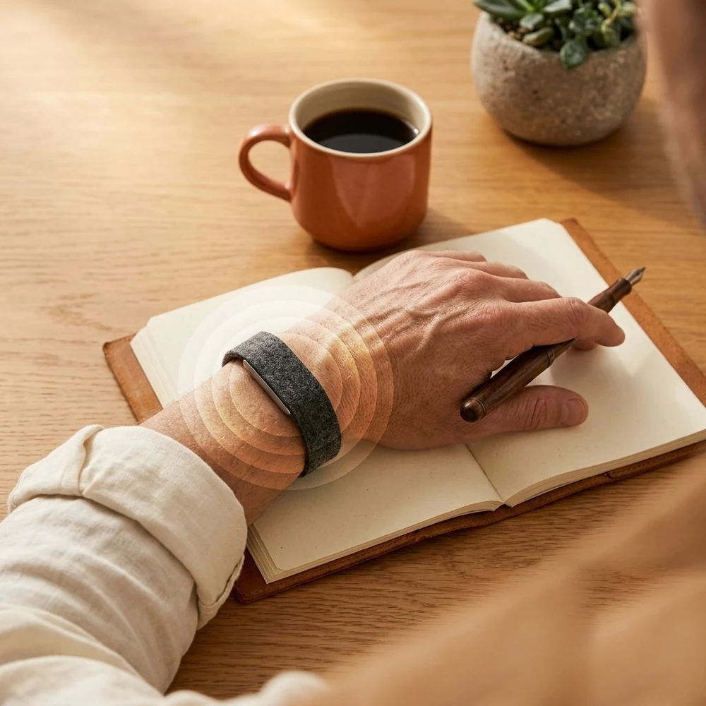 A mature professional at a quiet desk wearing the Hume Band 2.0, focused on long-term health while working