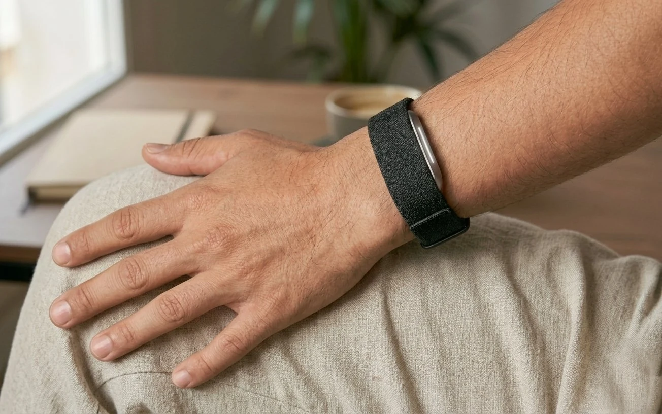 Hume Band 2.0 am Handgelenk getragen, mit dem sichtbaren UltraLux-Gewebearmband mit weicher Haptik, die Hand ruht auf einem leinenbedeckten Schoß im sanften natürlichen Fensterlicht